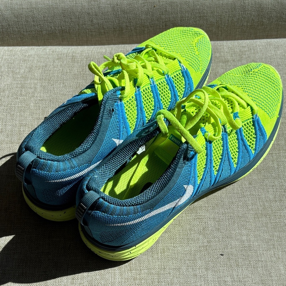 Nike Flyknit Lunar 2 Vibrant Blue and Neon Yellow Shoes - Size 9 - Picture 4 of 6